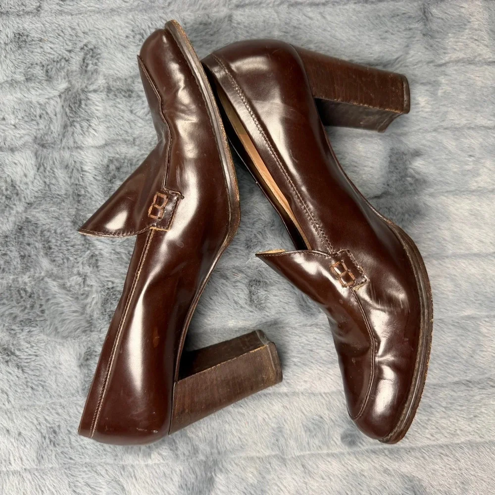 Anne Klein II Brown Leather Heeled Loafers Italy Vintage Pumps 9N